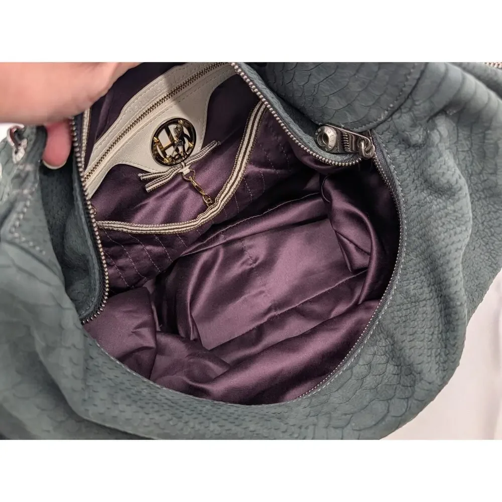 Henri Bendel Green Suede Leather Hobo Chain Strap Shoulder Bag Purple Interior